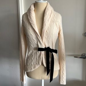 Ralph Lauren 100% Cashmere Cable Knit Sweater Cardigan Black Velvet Bow